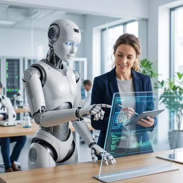 A smiling businesswoman and a sleek white humanoid robot standing together at a desk, reviewing digital charts and code on a glowing transparent holographic interface.