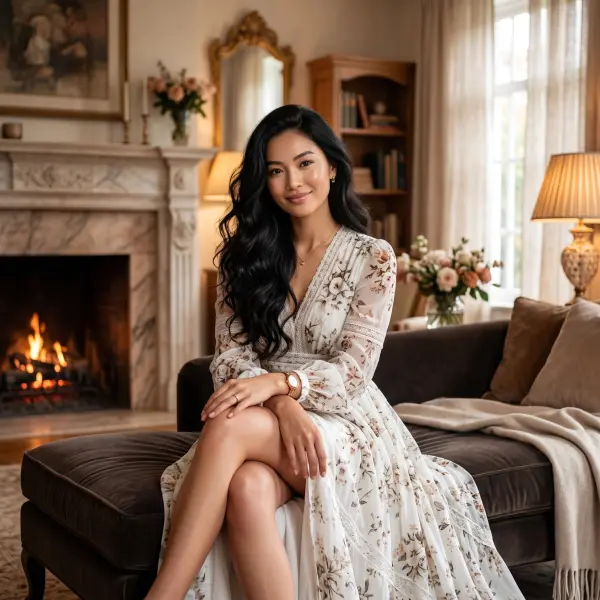 A beautiful young Asian woman with long dark wavy hair, wearing a white floral maxi dress, smiling and sitting on a brown velvet sofa in an elegant living room with a glowing fireplace.