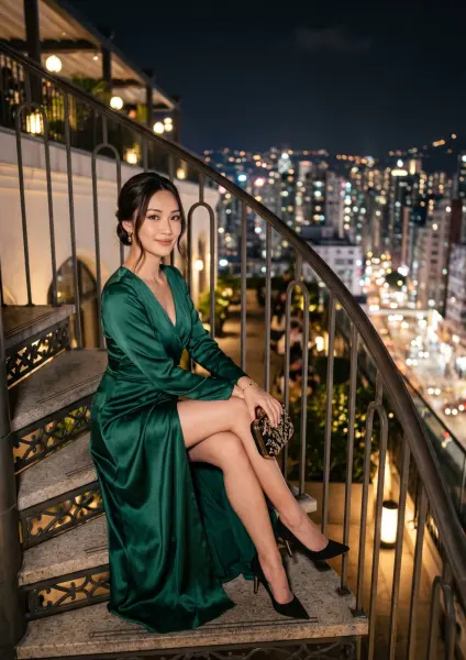 A smiling young Asian woman sitting elegantly on a curved stone staircase on an outdoor rooftop patio at night, wearing a deep green evening gown and holding a black embellished clutch, with city lights in the background.