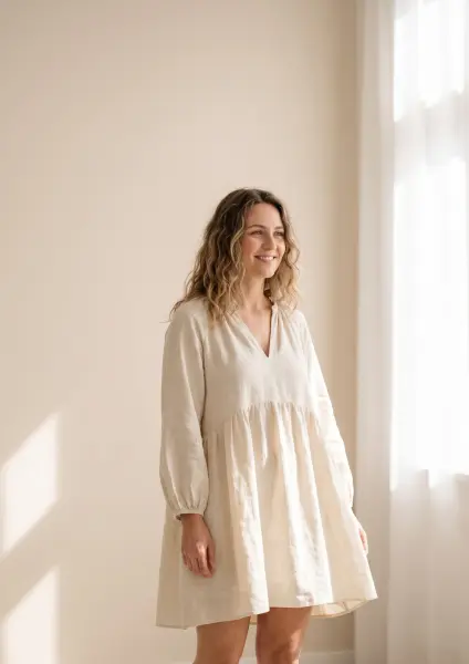 A smiling young woman with wavy hair wearing a casual, loose, long-sleeved beige linen smock dress, standing in a bright, minimalist room illuminated by sunlight from a window.
