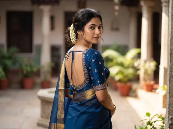 A beautiful Indian bride looking back over her shoulder with a gentle smile, wearing a royal blue lehenga heavily embroidered with gold patterns and a backless blouse, standing in an ornate stone courtyard.