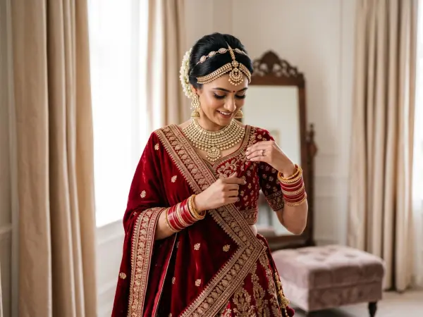 A happy Indian bride smiling warmly as she gently adjusts the neckline of her heavily embroidered red velvet lehenga, wearing elaborate gold jewelry in a softly lit, elegant room.