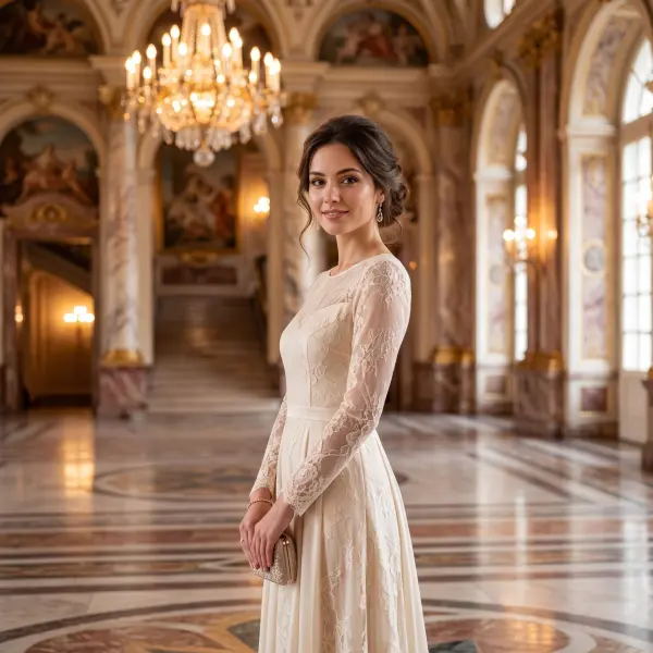 A smiling young bride wearing a classic long-sleeved lace wedding gown holding a small clutch, standing in an opulent palace hall with marble floors and large chandeliers.
