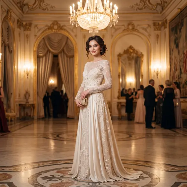 A smiling beautiful bride wearing a classic long-sleeved lace wedding dress and holding a small clutch, standing in the center of an opulent, brightly lit palace hall with guests in the background.