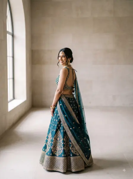 Smiling Indian bride looking over shoulder wearing dark green lehenga in bright minimalist indoor hall.