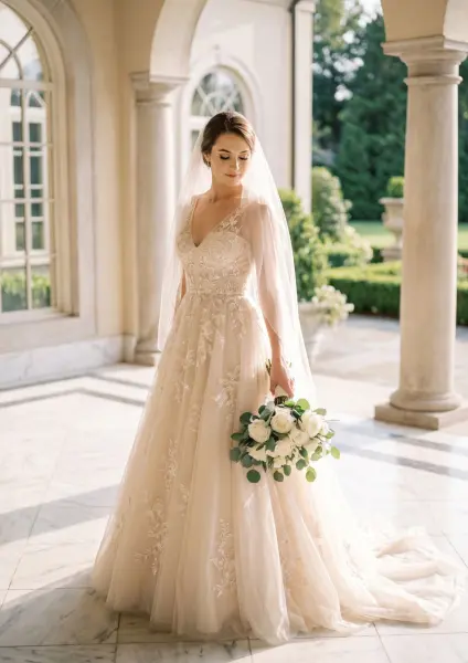 A beautiful bride looking down with a gentle smile, wearing a lace wedding gown and a long sheer veil, holding a bouquet of white roses and green leaves on a marble patio.