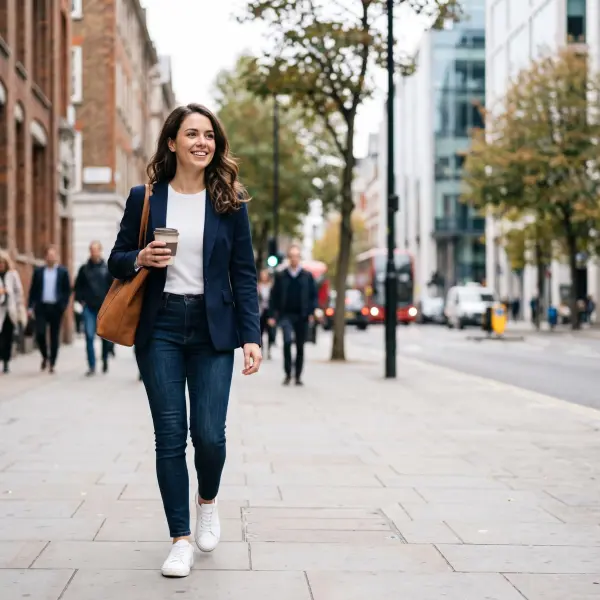 A smiling young professional woman wearing a navy blazer and jeans walking down a city street, carrying a tote bag and a coffee cup.