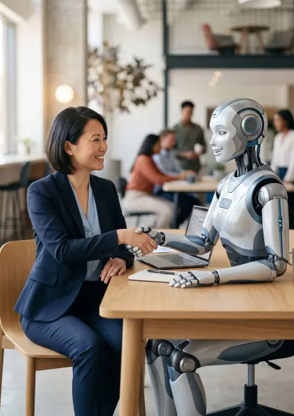 A smiling Asian businesswoman in a navy suit sitting at a light wooden desk, shaking the hand of a silver and blue humanoid robot, with blurred office workers in the background.