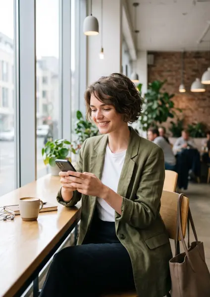 A cheerful young woman wearing a green blazer and white t-shirt sitting at a cafe window counter, smiling while looking at her smartphone, a coffee cup resting nearby.