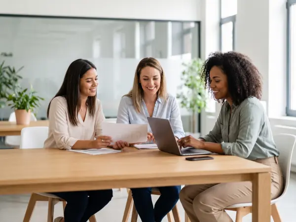 Three cheerful diverse female professionals sitting together at a wooden table in a bright office, smiling and collaborating while reviewing printed documents and a laptop screen.