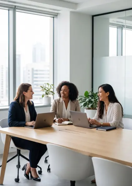 Three diverse female professionals in business attire sitting at a long wooden table in a bright office, smiling and conversing with open laptops and notebooks in front of them.