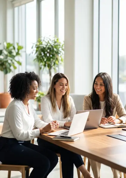 Three happy, diverse young businesswomen sitting side-by-side at a wooden conference table, smiling and looking together at a laptop screen in a bright, plant-filled office.