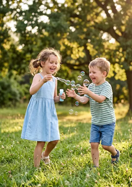 A young girl in a blue dress blowing soap bubbles with a wand while a younger boy in a striped shirt laughs and reaches out to pop them on green park grass.
