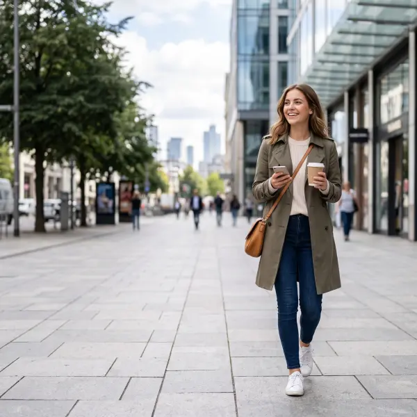 A cheerful young woman in a green trench coat walking down a wide city sidewalk, holding a smartphone in one hand and a coffee cup in the other.