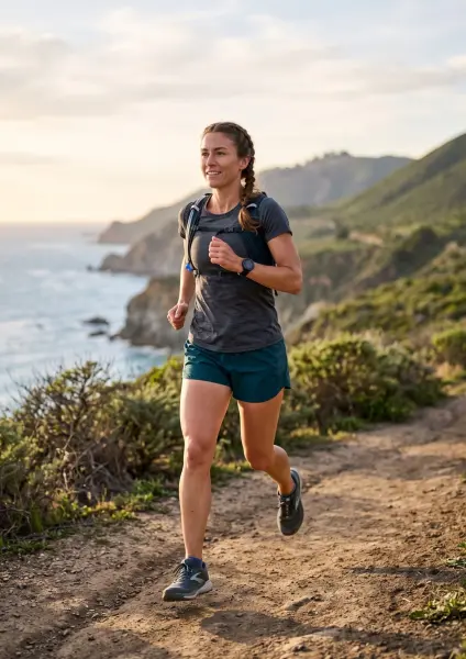 A smiling woman wearing athletic gear and a hydration pack running along a dirt trail on a cliffside overlooking a beautiful blue ocean at sunset.