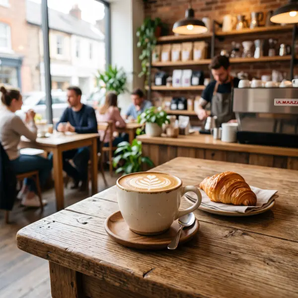 A close-up shot of a white ceramic mug filled with a latte featuring leaf latte art, next to a flaky croissant on a small plate, resting on a wooden table with blurred customers and a barista in the background.