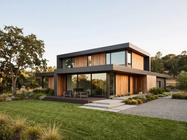 A modern two-story home featuring a flat roof, dark grey fascia, natural vertical wood siding, large windows, and a small wooden deck facing a green lawn.