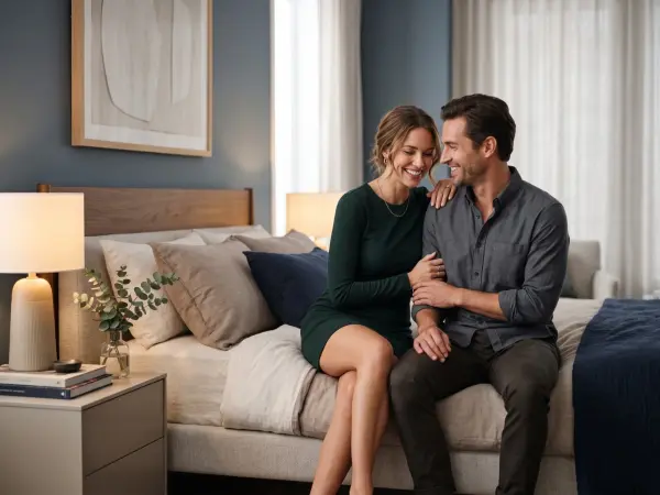 A smiling young man and woman sitting close together on the edge of a bed in a well-lit modern bedroom, holding hands and laughing warmly at each other.