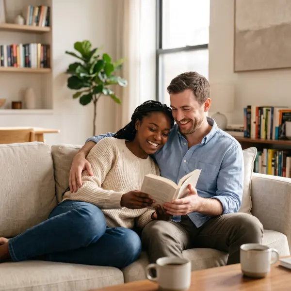 A Black woman and a Caucasian man sitting close together on a living room couch, smiling warmly as they read a book together.