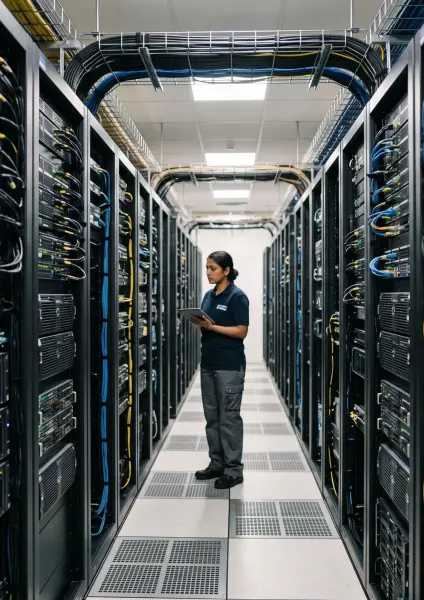 A female IT professional wearing a dark blue polo shirt standing in an aisle between tall server racks in a data center, holding a digital tablet.