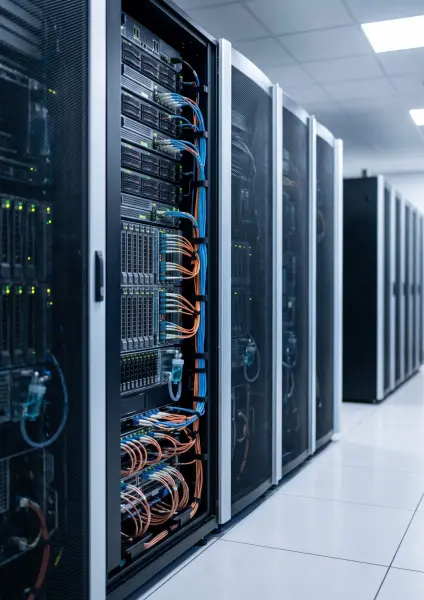 A row of tall black server racks in a brightly lit data center, showing neat bundles of orange and blue network cables and glowing green status lights.