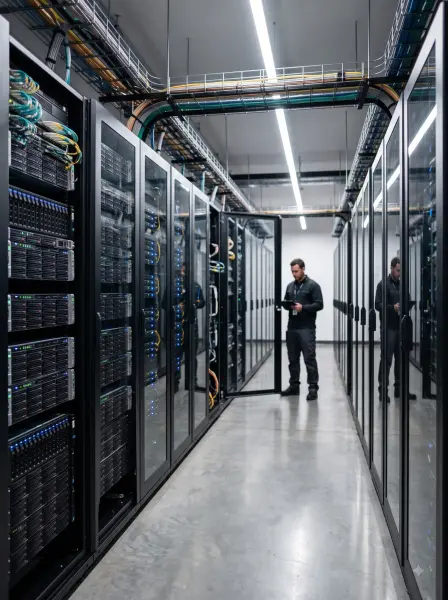 Male technician holding a tablet looking inside an open server cabinet in a data center.
