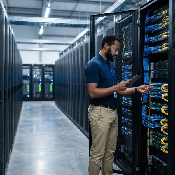 Male technician holding a tablet adjusting network cables inside an open server rack in a data center.