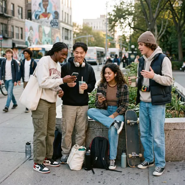 Four diverse young adults laughing together on a city sidewalk; two are looking at a smartphone while holding drinks, and a skateboard rests against a planter wall.