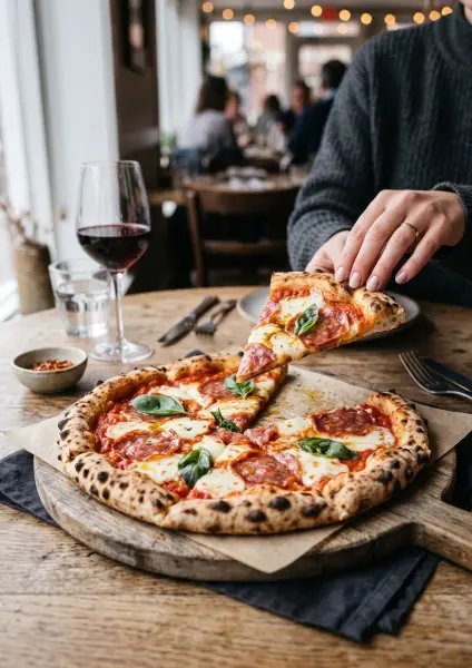 A woman wearing a grey sweater lifting a hot slice of wood-fired Neapolitan pizza topped with salami, mozzarella, and basil from a wooden serving board, with a glass of red wine nearby.