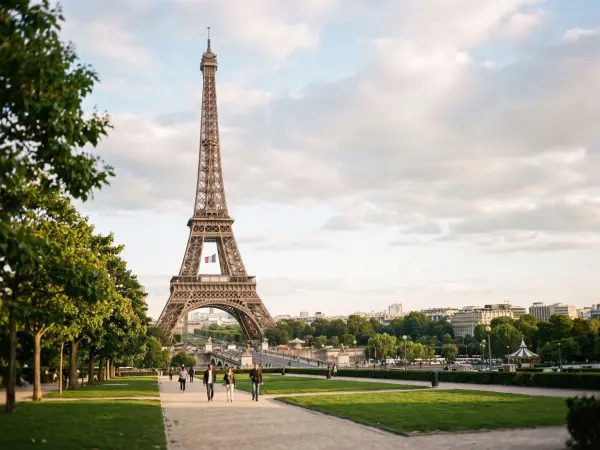 A clear, sunny view of the Eiffel Tower standing majestically in the distance, framed by the green lawns, trees, and wide gravel pathways of the Champ de Mars park, with people walking around.
