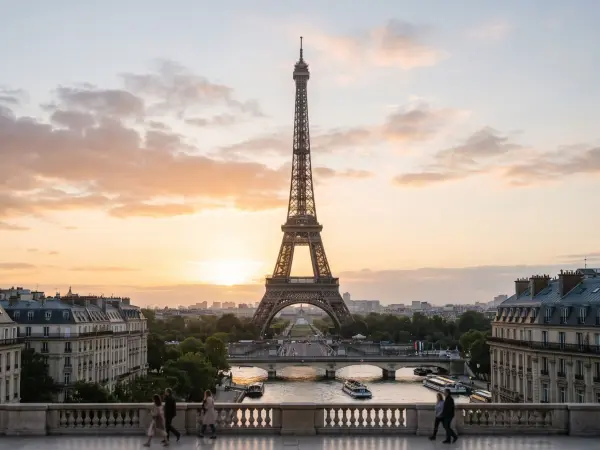 A wide, scenic view of the Eiffel Tower standing tall against a vibrant orange and pink sunset sky, viewed from an elevated position overlooking a bridge spanning the Seine River, with classic Parisian buildings on either side.