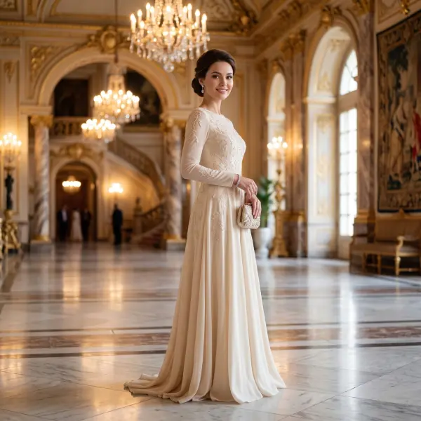 A full-length portrait of a beautiful smiling woman wearing a long-sleeved, floor-length beige evening gown with delicate embroidery, holding a small clutch in a grand palace hall with chandeliers.