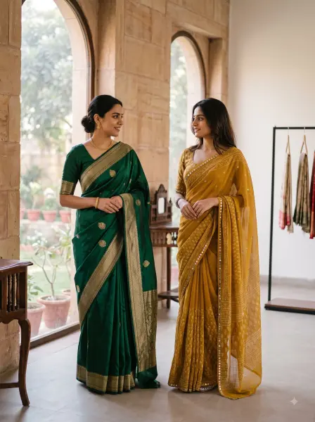Two Indian women wearing traditional green and mustard yellow silk sarees standing near arched windows.
