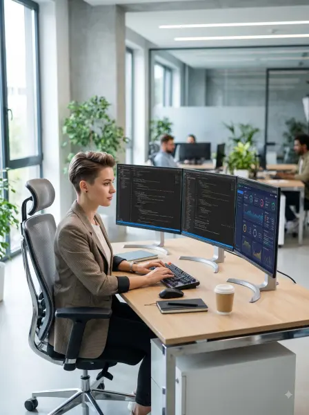Female software engineer typing on keyboard at a dual monitor desk showing code and analytics in a modern office.