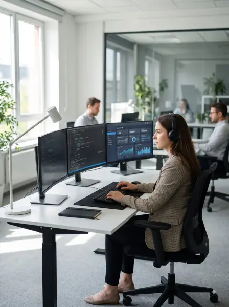 Female tech professional with headset coding at a white ergonomic dual monitor desk in a modern office.