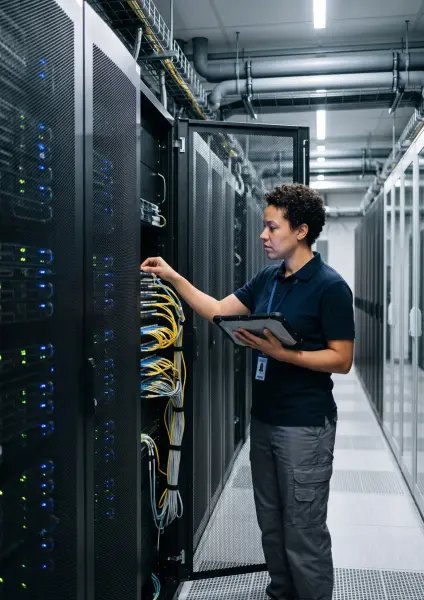 A female IT professional holding a tablet in one hand while using the other to adjust yellow network cables inside an open server cabinet in a data center.
