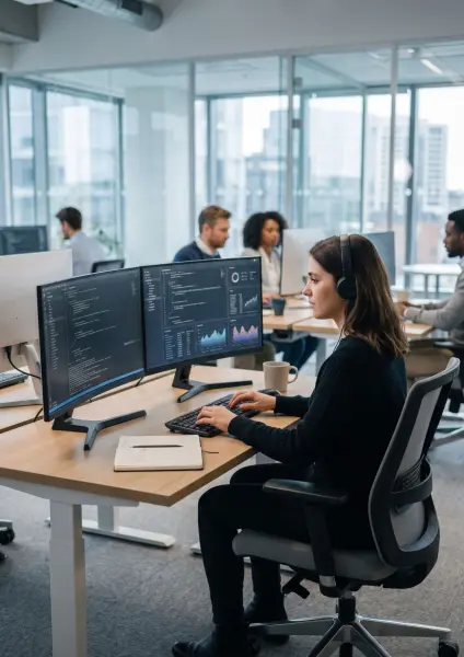A young female IT professional wearing headphones sits at a wooden desk in an open-plan office, typing on a keyboard in front of two computer monitors showing code and dashboards.