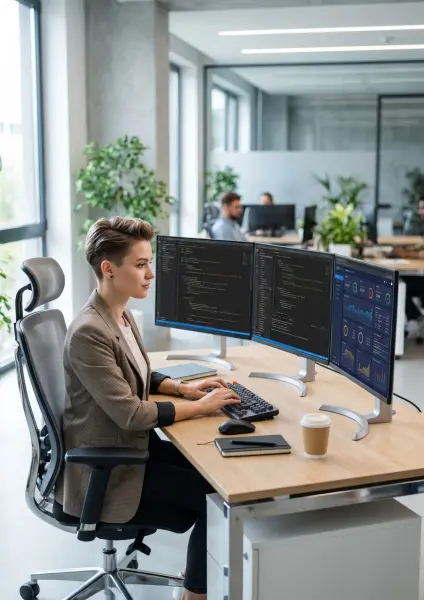 A young female professional with short hair sitting at a wooden desk in a bright office, typing on a keyboard in front of three large computer monitors showing code and data dashboards.