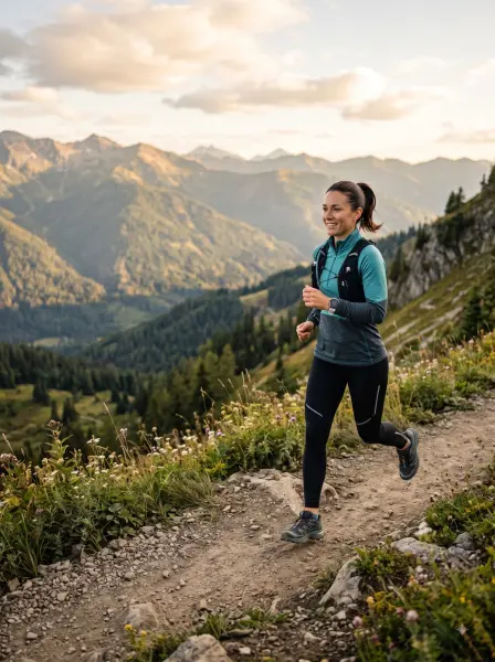 Active woman trail running on a rocky mountain path wearing a hydration vest at sunset.