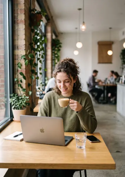 A young woman with curly hair wearing a green sweater sits at a cafe window table, smiling as she holds a coffee cup and looks at her silver laptop.