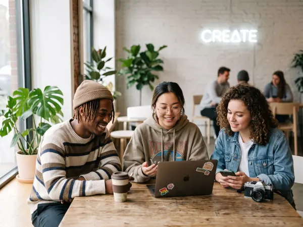 Three diverse young adults sitting at a wooden table in a bright, modern cafe with a neon 'CREATE' sign, smiling as they look together at a laptop screen.