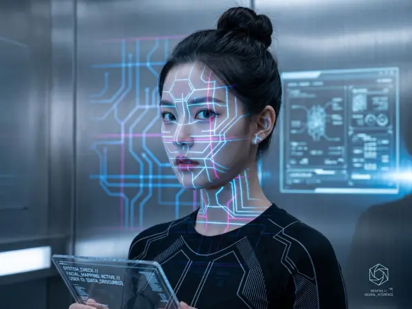 A cyberpunk-style portrait of a serious young Asian woman with glowing neon blue and pink circuit-like lines projected onto her face, representing an AI facial recognition scan in a high-tech environment.