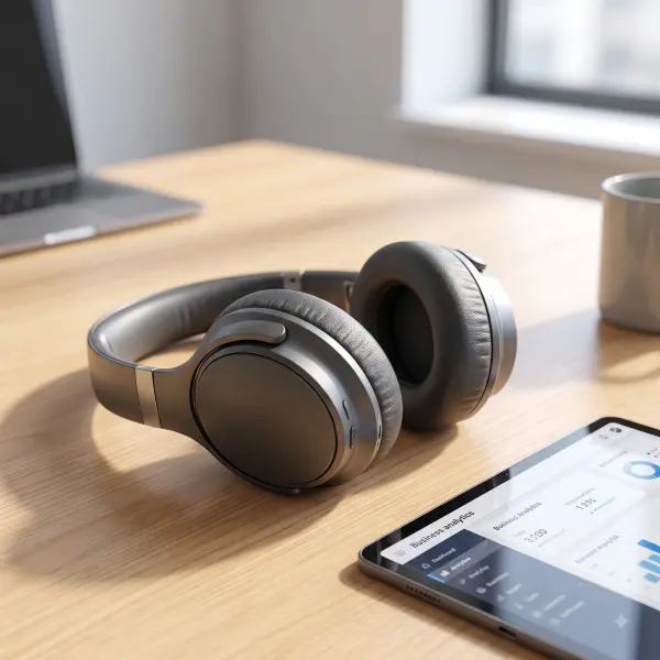 Black over-ear wireless headphones and a digital tablet showing business analytics on a sunlit wooden desk.