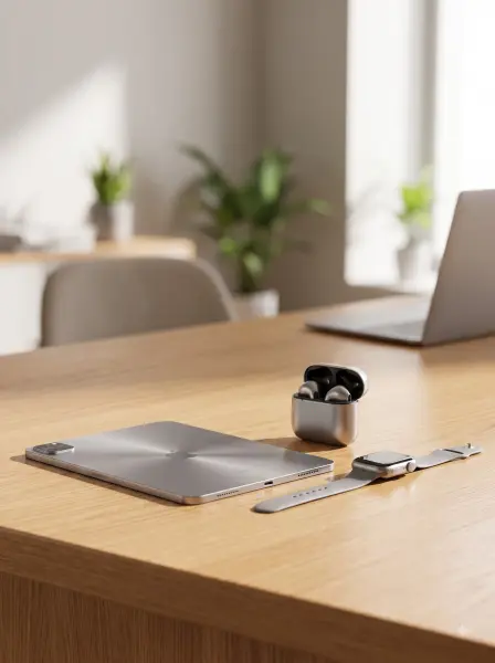 Silver tablet, open wireless earbuds case, and a grey smartwatch arranged on a light wooden desk.