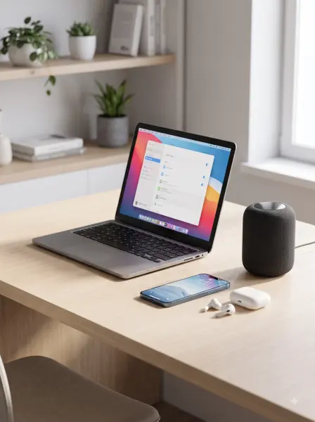 Silver laptop, dark smart speaker, smartphone, and white wireless earbuds on a light wooden desk in a modern room.