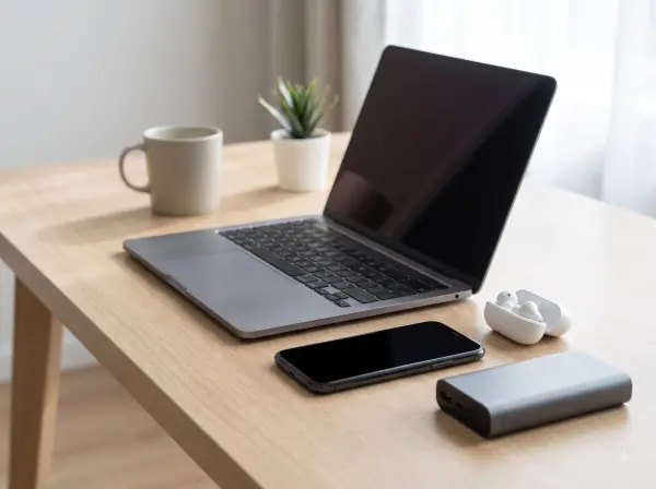 Modern laptop, smartphone, wireless earbuds, power bank, and a coffee mug on a bright wooden desk.