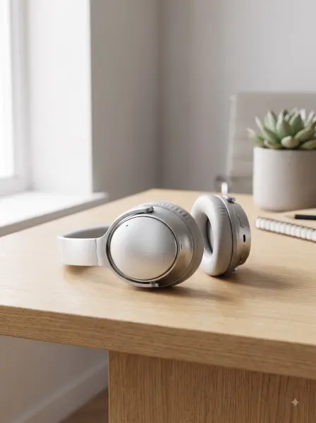 Silver over-ear wireless headphones on a wooden desk next to a notebook and potted succulent.