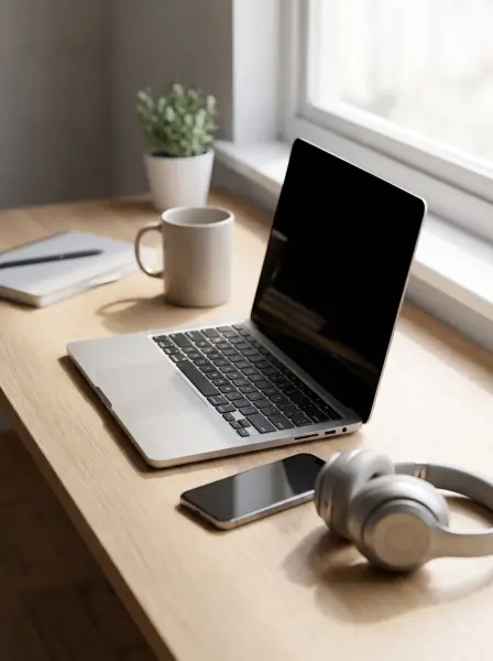 Open laptop, headphones, smartphone, and coffee mug on a sunny wooden desk by a window.