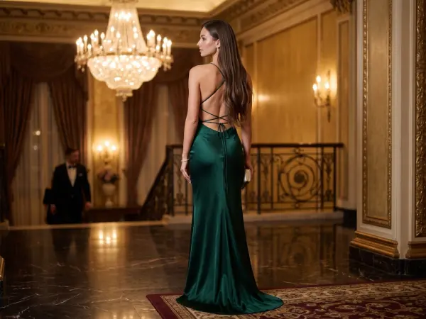 A beautiful woman with long dark hair viewed from behind, wearing a sleek, dark green backless evening gown, standing in a grand, luxurious hall with a large glowing chandelier.