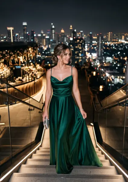 A beautiful smiling woman holding a silver clutch purse, wearing a long emerald green evening gown, walking up illuminated stairs on a rooftop patio with a vibrant city skyline at night in the background.